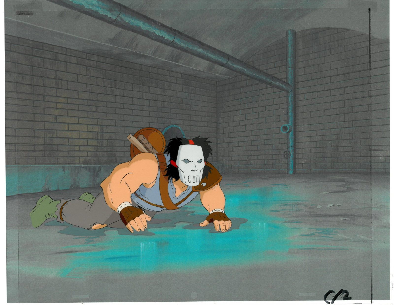 Casey Jones of (TMNT) Original Production Cel/Drawing: An original Teenage Mutant Ninja Turtle production cel with matching drawing. This cel depicts a frame from a scene in a Teenage Mutant Ninja Turtles cartoon episode. This frame features Casey Jones .