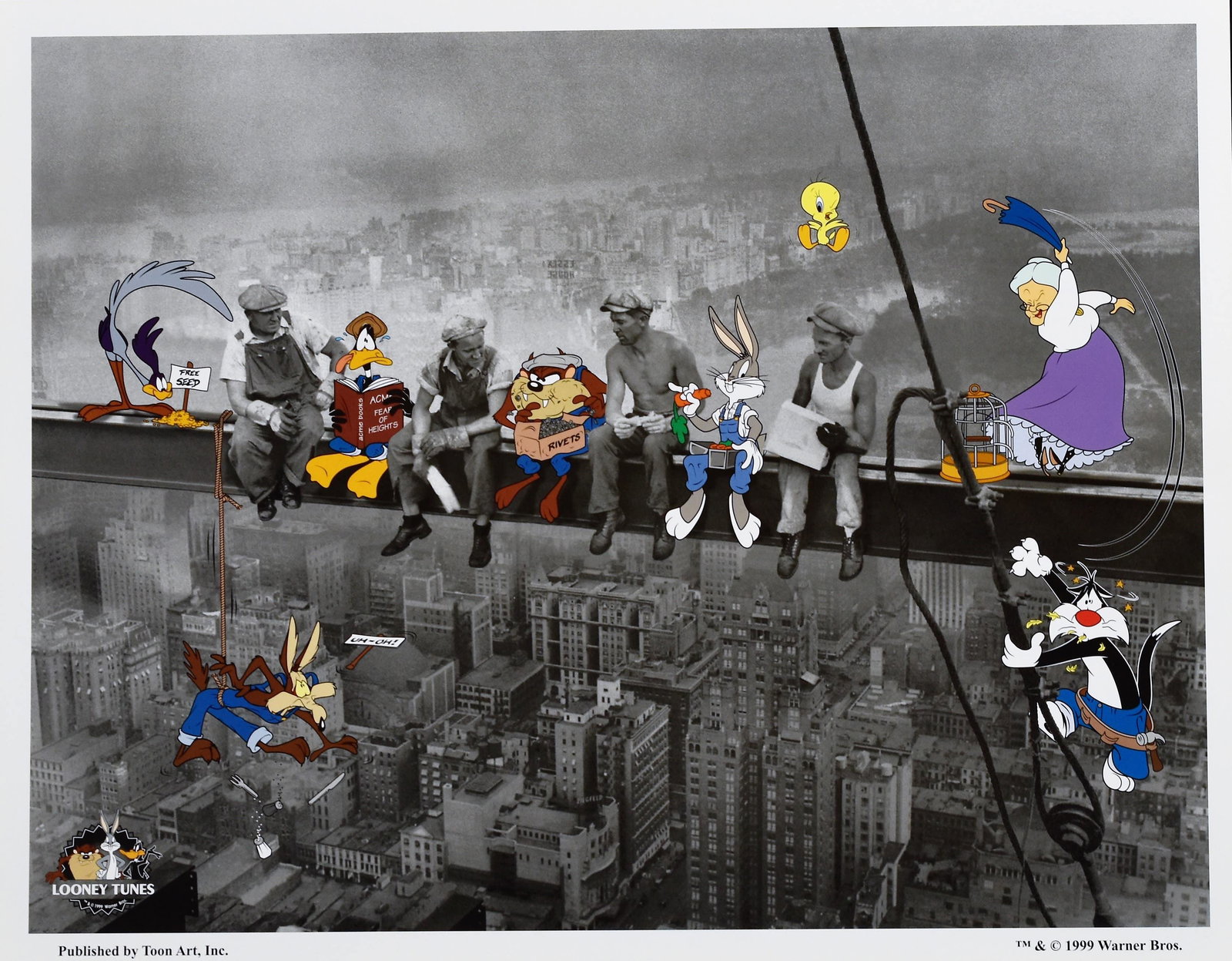 Lunchbreak - Warner Bros. -NY Rockefeller Litho: A Warner Bros . lithograph entitled " Lunchbreak " featuring the Looney Tunes taking a break with crew after a hard morning constructing the New York City's Rockefeller Center. This original photo was
