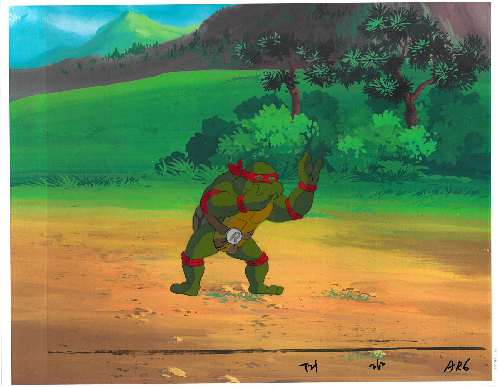 Raphael of (TMNT) Turtles- Original Production Cel: An original Teenage Mutant Ninja Turtle production cel. This cel depicts a frame from a scene in a Teenage Mutant Ninja Turtles cartoon episode. This frame features Raphael . Is produced by Murakami-W