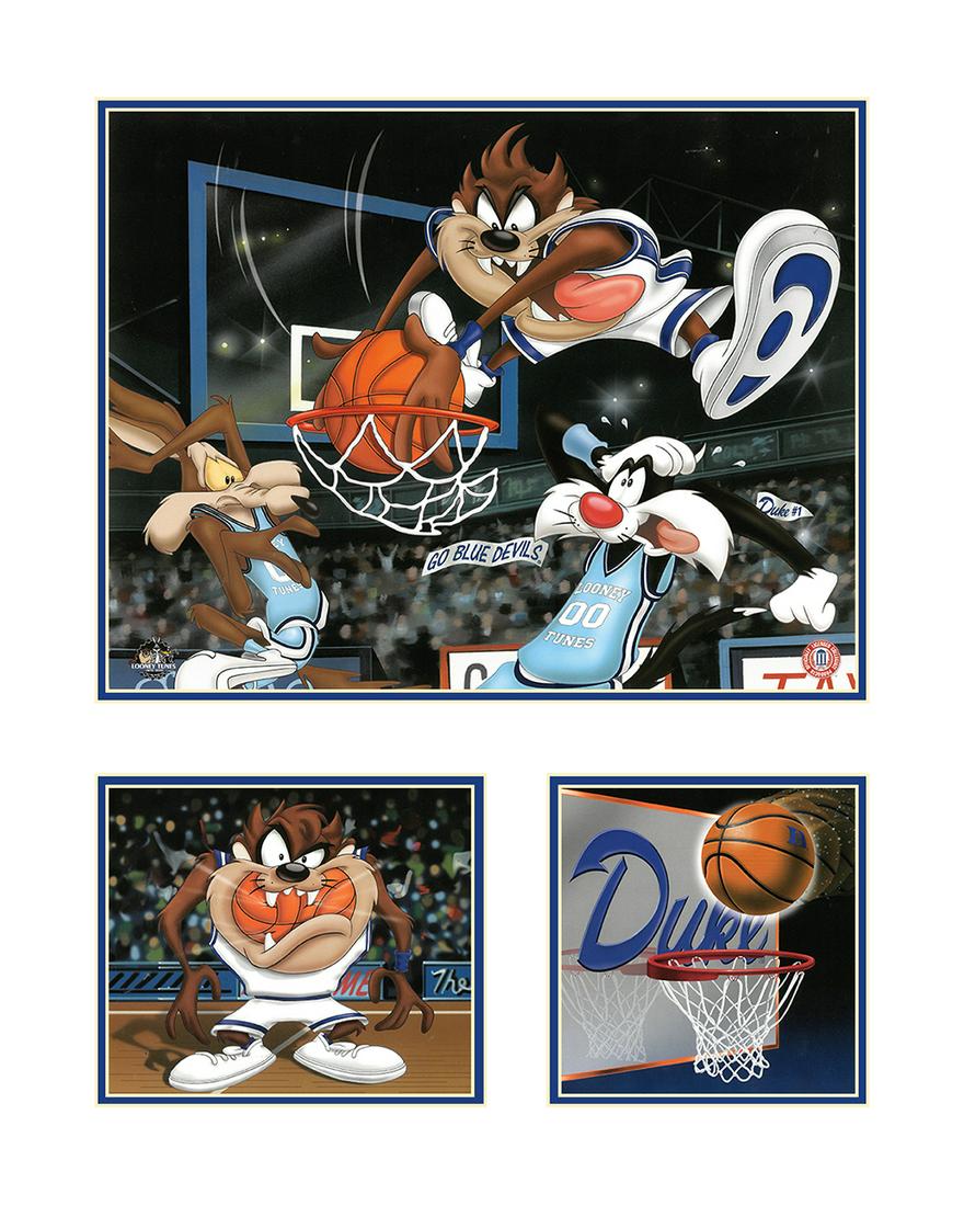 Duke L.E. Warner Bros. Basketball Lithograph: A limited edition Looney Tunes college basketball-themed offset lithograph features Looney Tunes characters as players for Duke University and an opposing team, with Taz flying through the air to dunk