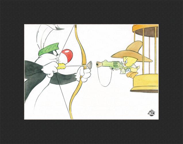 Sylvester and Tweety - L.E. Water Color Lithograph Matted: This 11x14 limited edition water-color lithograph, licensed by Warner Bros. features Sylvester and Tweet y in a cute bow-and-arrow gag. COA Edition Size - 100 Presented Matted