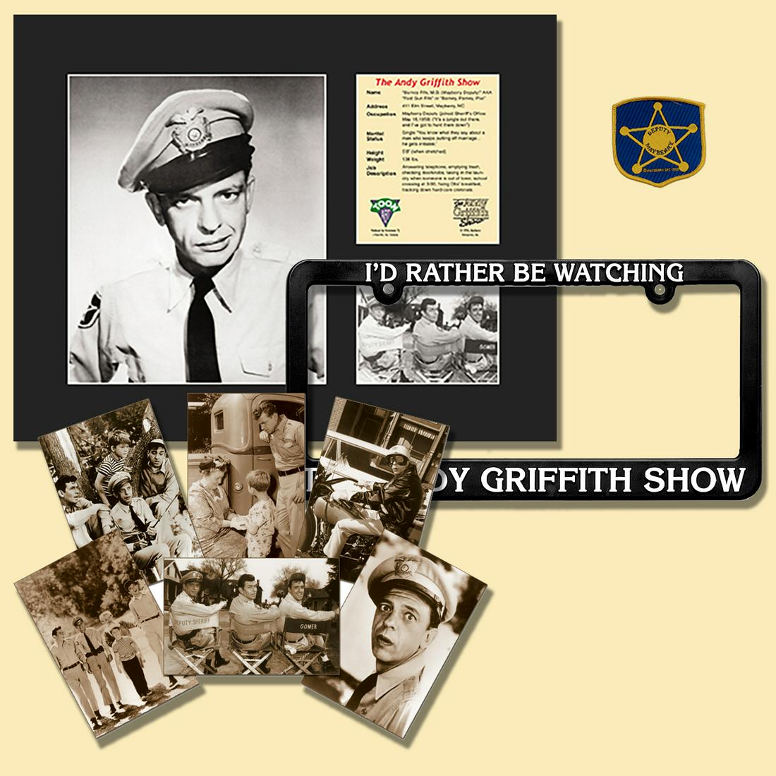 Barney Fife - 4 Piece Collectibles: This Barney Fife Bundle - includes a matted limited edition lithograph of Barney Fife, a License Plate Holder (I'd Rather Be Watching the Andy Griffith Show), a 6 piece postcard set featuring memorabl