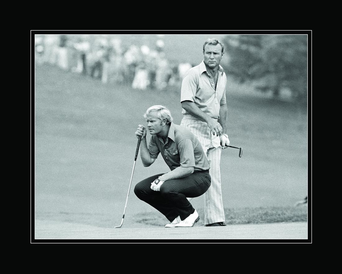 Arnold Palmer and Jack Nicklaus Fuji Crystal Archival Photo: This archival photograph is entitled " The King and the Golden Bear " featuring Arnold Palmer and Jack Nicklaus . This original photograph was taken on July 31, 1972. Presented Matted - 16x20 with COA