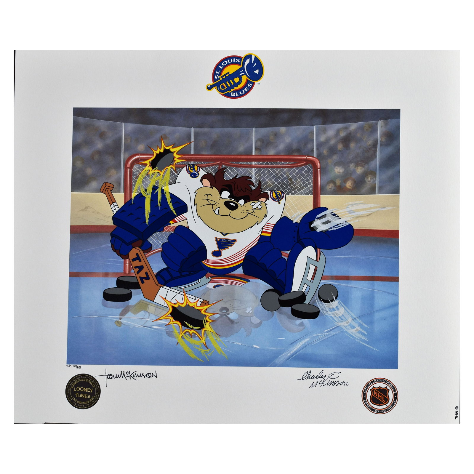 St. Louis Blues/Warner Bros. Signed Lithoserigraph: A SIGNED St. Louis Blues hockey themed Looney Tunes lithoserigraph entitled "Devil of a Save", created and signed animators Tom and Charles McKimson . It depicts the Tasmanian Devil wearing goalie gea