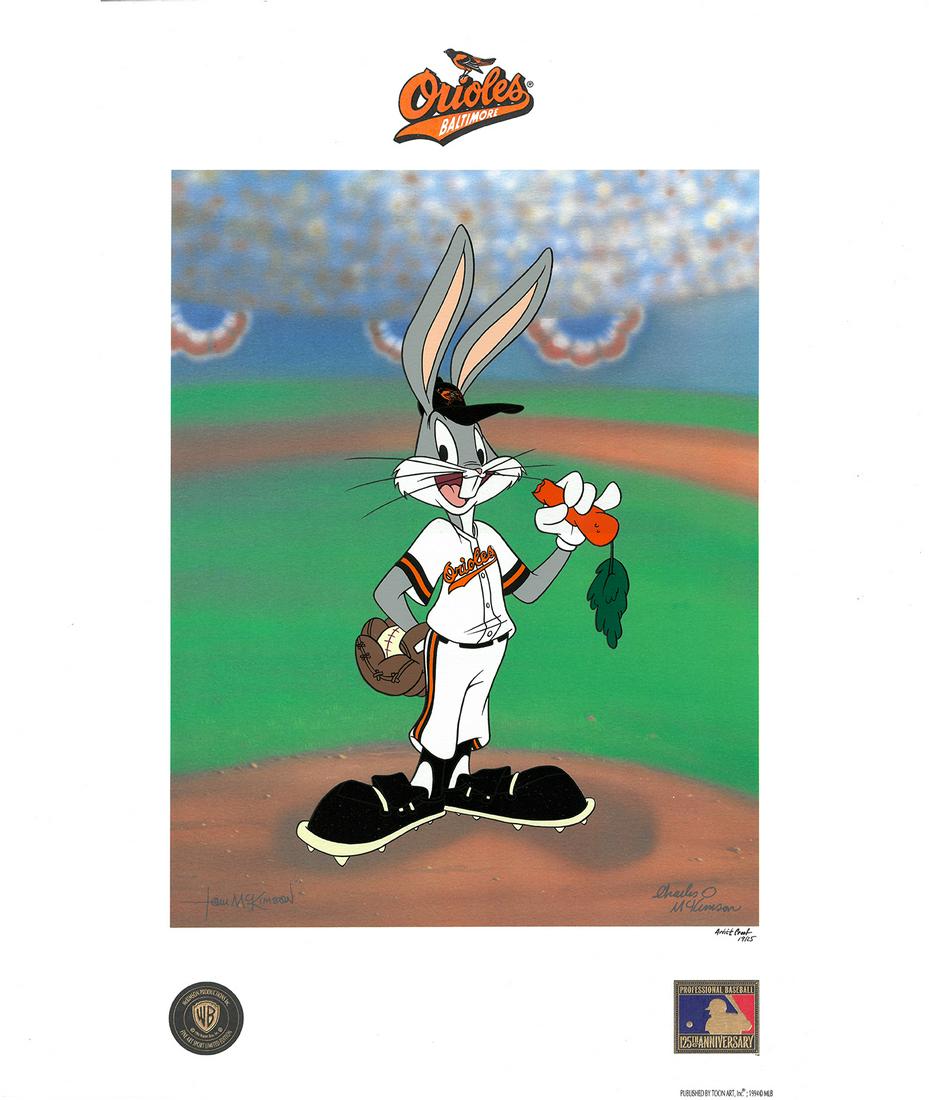 Baltimore Orioles & Warner Bros. Lithoserigraph- "Now Pitching": A Looney Tunes lithoserigraph titled " Now Pitching " featuring the Baltimore Orioles . This piece depicts Bugs Bunny dressed as a Baltimore Orioles pitcher. The original drawing was created by Warner