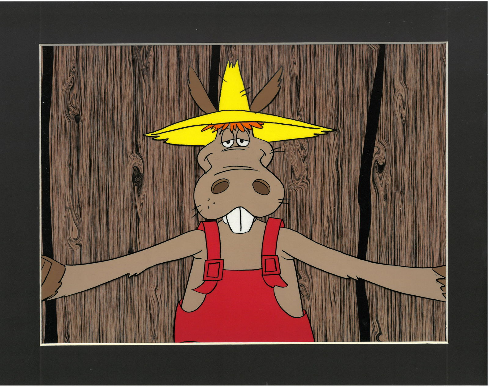 Hee-Haw Production Original Cel/Drawing-Matted (1969-1971): An original production cel with matching drawing from the Television Show " Hee-Haw" 1969. Welcome to Hee Haw! Starring Roy Clark and Buck Owens , Country-themed comedy series that premiered on 6/15/6