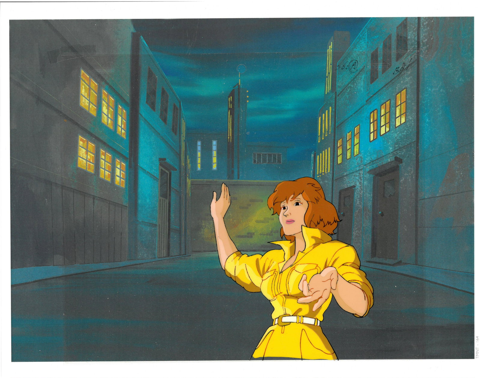 April of (TMNT) Turtles- Original Production Cel: An original Teenage Mutant Ninja Turtle production cel. This cel depicts a frame from a scene in a Teenage Mutant Ninja Turtles cartoon episode. This frame features April . Is produced by Murakami-Wol