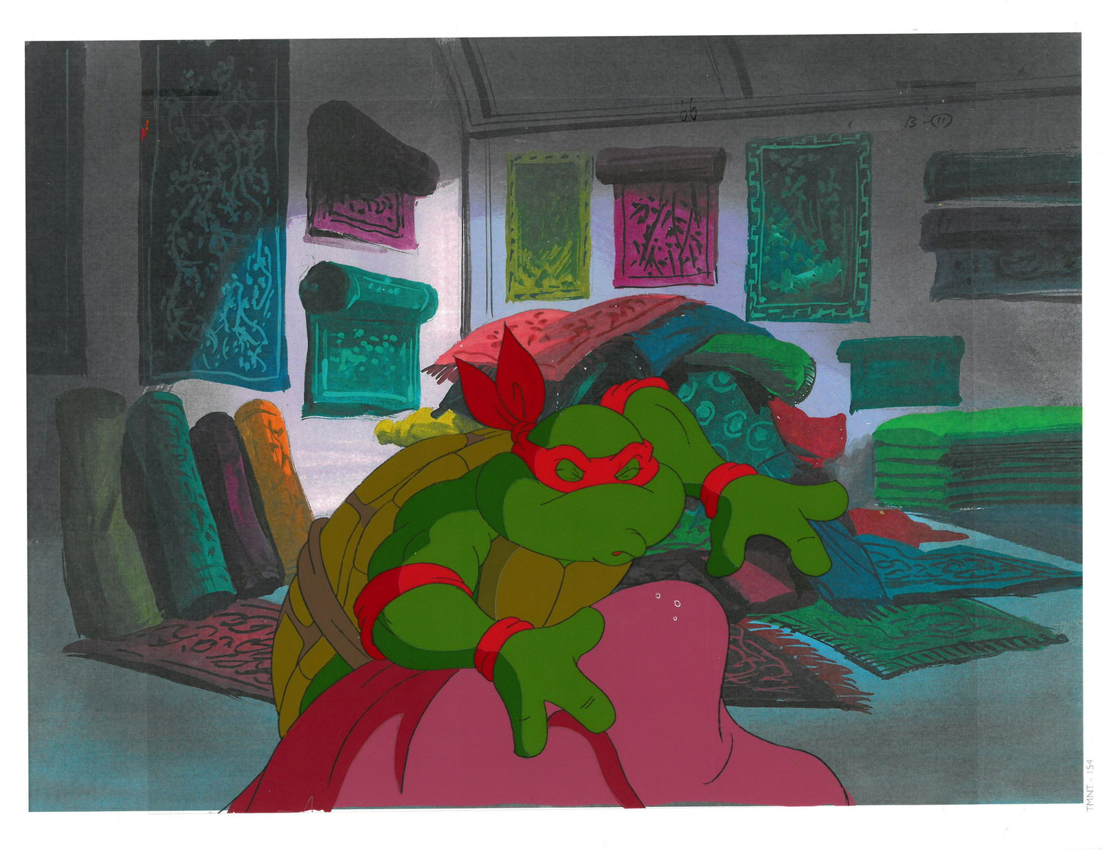 Raphael of (TMNT) Turtles- Original Production Cel: An original Teenage Mutant Ninja Turtle production cel. This cel depicts a frame from a scene in a Teenage Mutant Ninja Turtles cartoon episode. This frame features Raphael . Is produced by Murakami-W