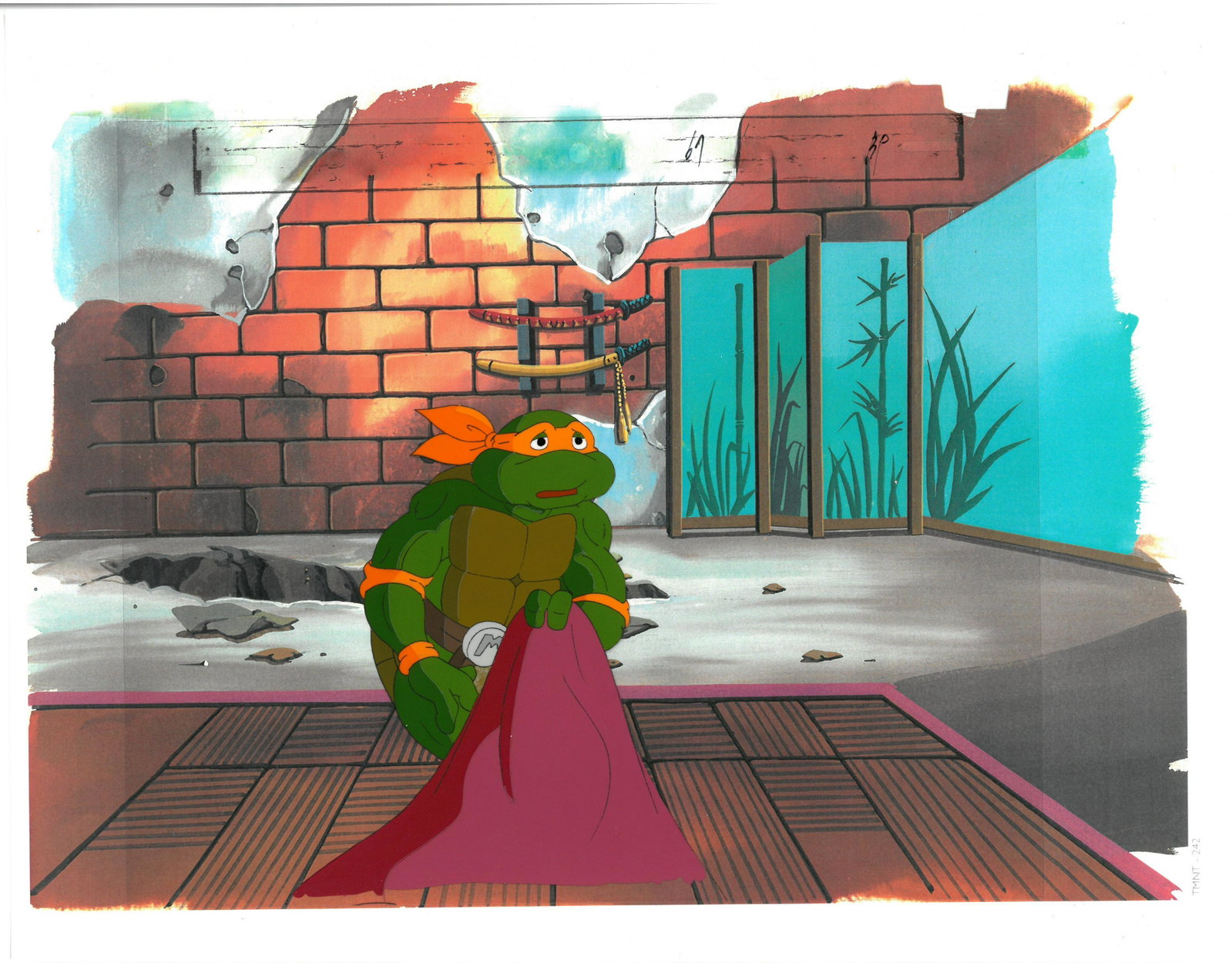 Michelangelo of (TMNT) Turtles- Original Production Cel: An original Teenage Mutant Ninja Turtle production cel. This cel depicts a frame from a scene in a Teenage Mutant Ninja Turtles cartoon episode. This frame features Michelangelo . Is produced by Murak