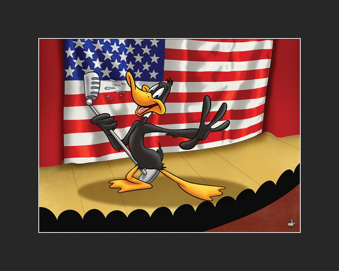 Warner Bros. Patriotic Daffy Fine Art L.E. Giclee: A Warner Bros. Fine Art limited edition giclee entitled " Patriotic Daffy Duck ." This image features Daffy Duck and is limited to 500 pieces. Is presented matted and comes with certificate of authent
