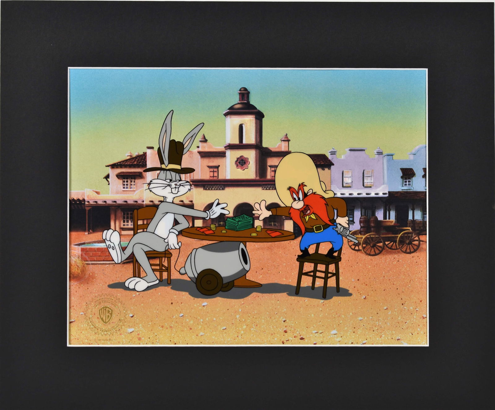 Warner Bros. Sericel - Loaded Hands: A limited edition sericel of a scene from the classic cartoon titled " Loaded Hands ". Loaded Hands depicts Bugs Bunny and Yosemite Sam playing poker at a table in a Wild West setting, with a miniatur