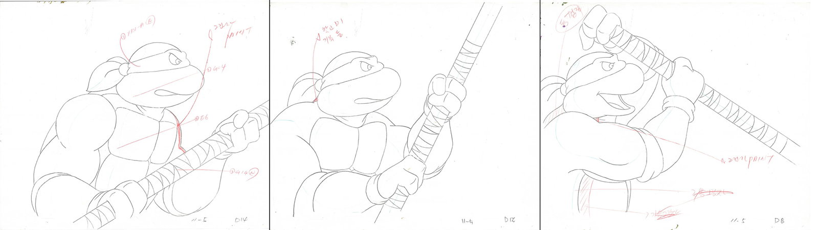 Donatello of (TMNT) Turtles- 3 Original Production Drawings: Three original Teenage Mutant Ninja Turtle production drawings. These drawings depict 3 frames from a scene in a Teenage Mutant Ninja Turtles cartoon episode. These frames feature Donatello. Is produc