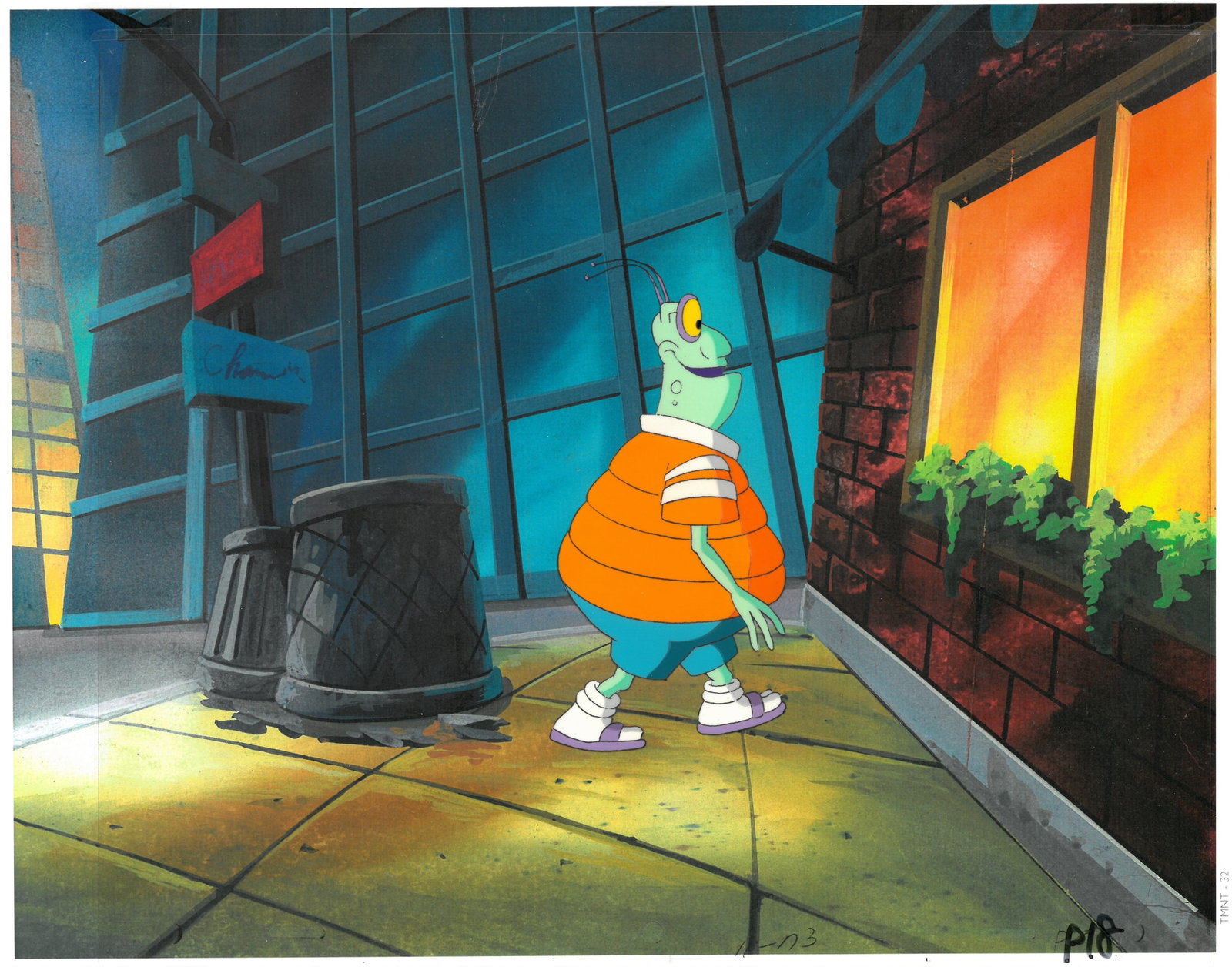 (TMNT) Turtles- Original Production Cel: An original Teenage Mutant Ninja Turtle production cel. This cel depicts a frame from a scene in a Teenage Mutant Ninja Turtles cartoon episode. Is produced by Murakami-Wolf-Swenson Studios, 1987. The
