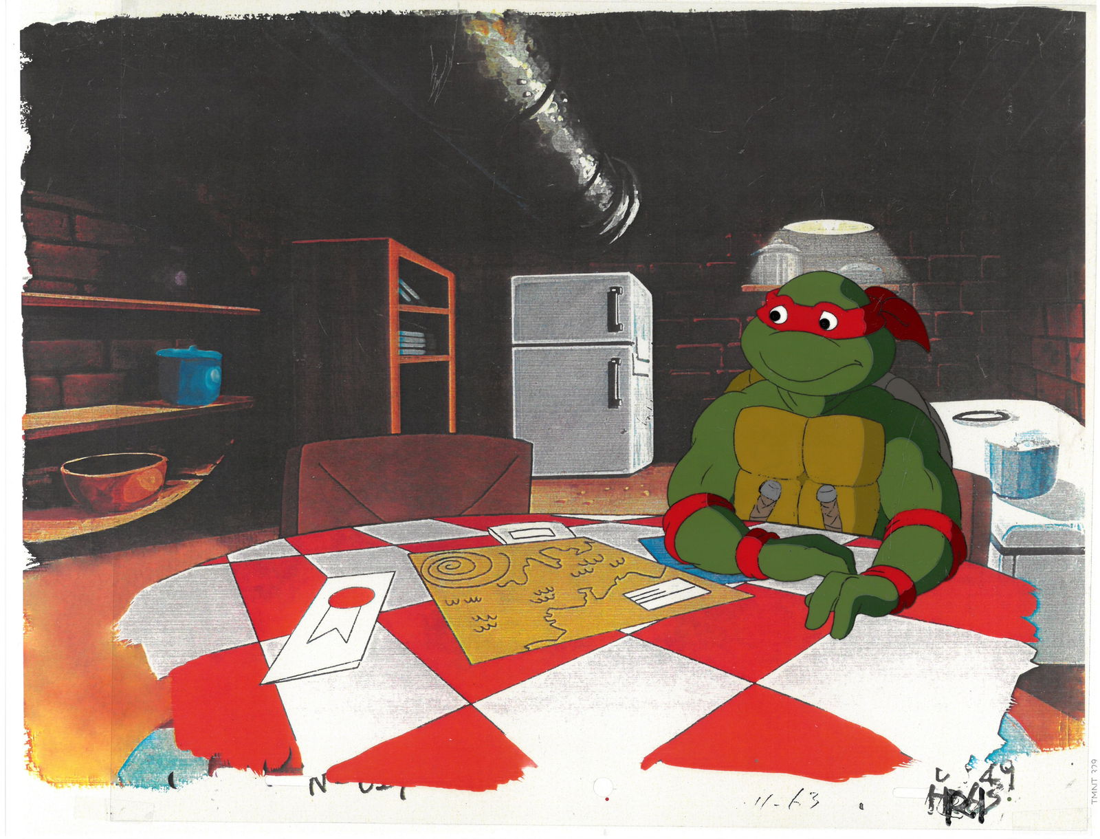 Raphael of (TMNT) Turtles- Original Production Cel: An original Teenage Mutant Ninja Turtle production cel. This cel depicts a frame from a scene in a Teenage Mutant Ninja Turtles cartoon episode. This frame features Raphael . Is produced by Murakami-W