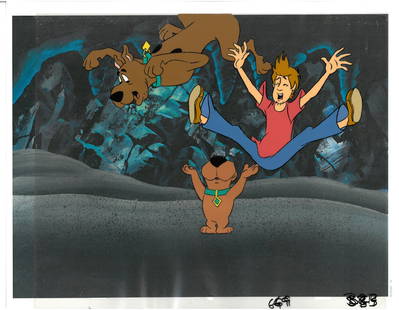 Scooby-Doo, Shaggy & Scrappy-Original Multi-Cel Production Set-Up: An original multi-cel production set-up from " The Thirteen Ghosts of Scooby-Doo " registered to a lithograph background. Featured is an original production cel on acetate depicting the character Scoo