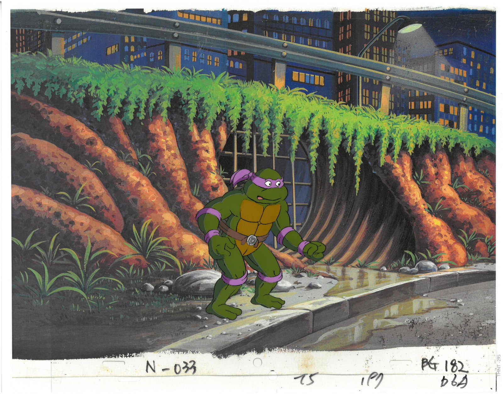 Donatello of (TMNT) Turtles-Original Production Cel: An original Teenage Mutant Ninja Turtle production cel. This cel depicts a frame from a scene in a Teenage Mutant Ninja Turtles cartoon episode. This frame features Donatello . Is produced by Murakami
