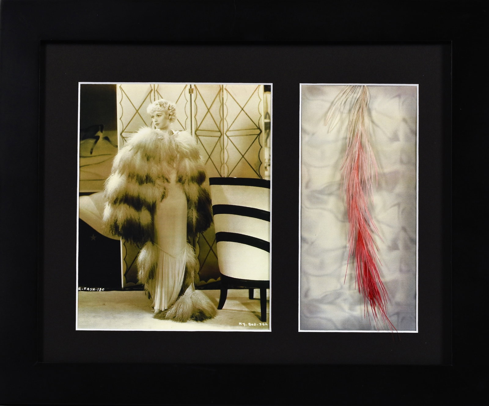 Lucille Ball Litho with Costume Feather from 1935 Film "Roberta"-Framed: A photo of American actress and comedian Lucille Ball (1911 â€“ 1989). This print captures Ball playing a model in the film "Roberta (1935)" , wearing a lavish costume with fur. Beside the print 