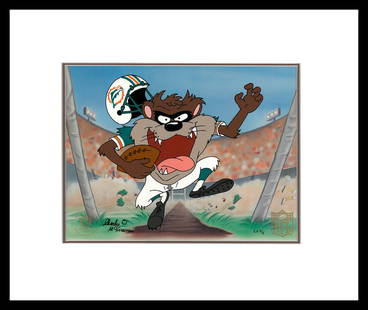 Miami Dolphins - Taz-Signed Original Hand-Painted Cel-Framed: This signed 12-field original hand-painted cel is entitled " Touchdown Taz " This image features Taz as a Miami Dolphin running the ball down the field for a touchdown! The original drawing was create