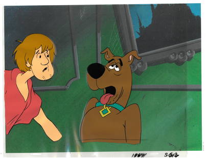 Scooby-Doo & Shaggy -Original Production Multi-Cel Set-Up: An original production multi-cel set-up from " The Thirteen Ghosts of Scooby-Doo " registered to a lithograph background. Featured on acetate are the characters Scooby-Doo and Shaggy from the Hanna-Ba