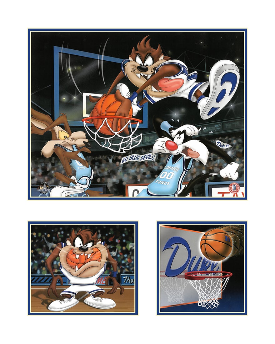 Duke L.E. Warner Bros. Basketball Lithograph: A limited edition Looney Tunes college basketball-themed offset lithograph features Looney Tunes characters as players for Duke University and an opposing team, with Taz flying through the air to dunk