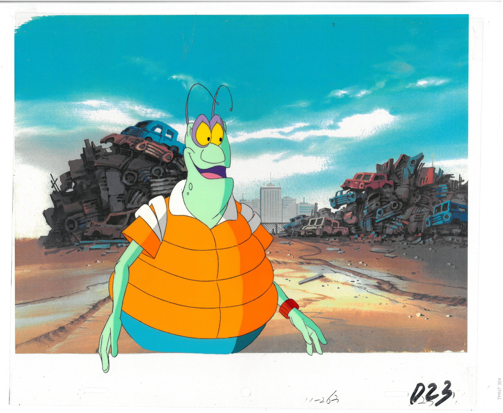 (TMNT) Turtles- Original Production Cel: An original Teenage Mutant Ninja Turtle production cel. This cel depicts a frame from a scene in a Teenage Mutant Ninja Turtles cartoon episode. Is produced by Murakami-Wolf-Swenson Studios, 1987. The