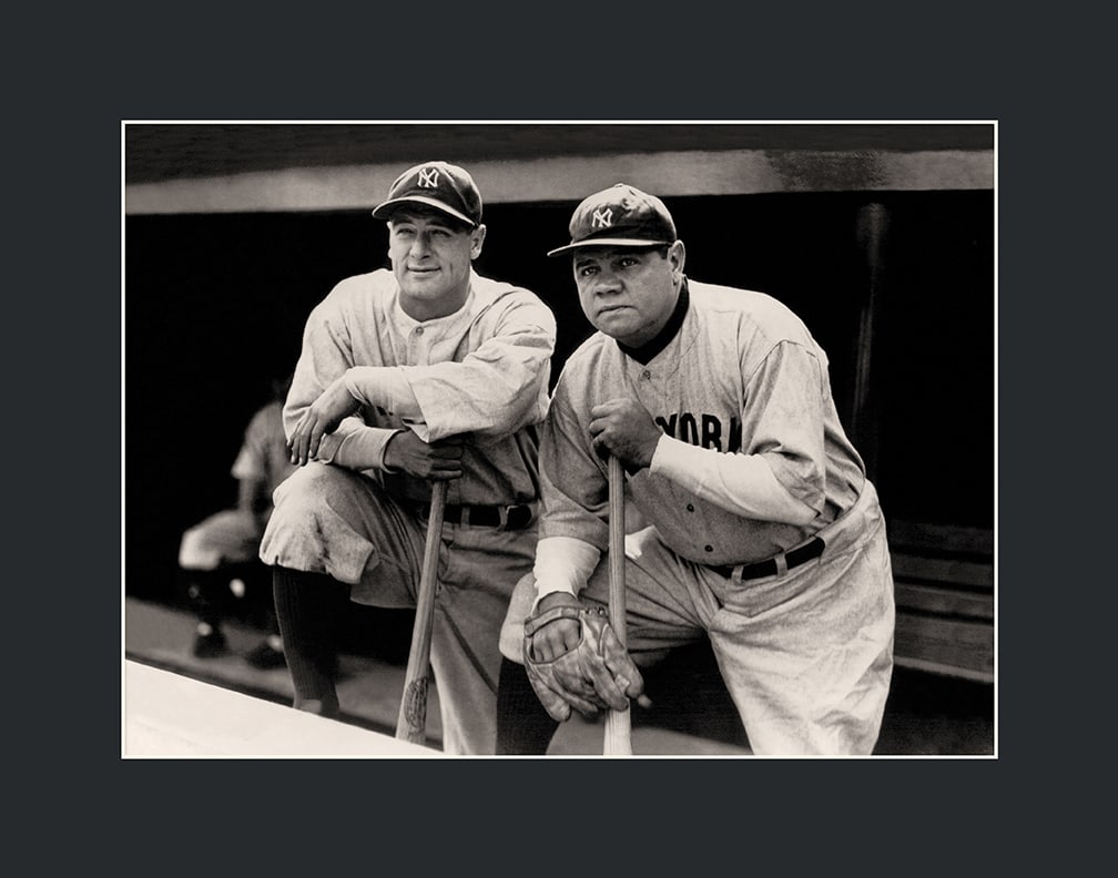 Babe Ruth and Lou Gehrig -Matted-Dugout: This matted 11x14 lithograph features baseball greats - Babe Ruth and Lou Gehrig coming out of the dugout! This piece is matted -comes with COA