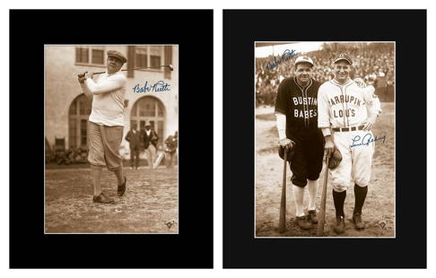 Babe Ruth- 2 Matted LE Lithographs: 2 11x14 Matted limited edition lithographs. The first is entitled " At the First Tee " and the second " Bustin Babes ." Both are licensed and come with a COA.