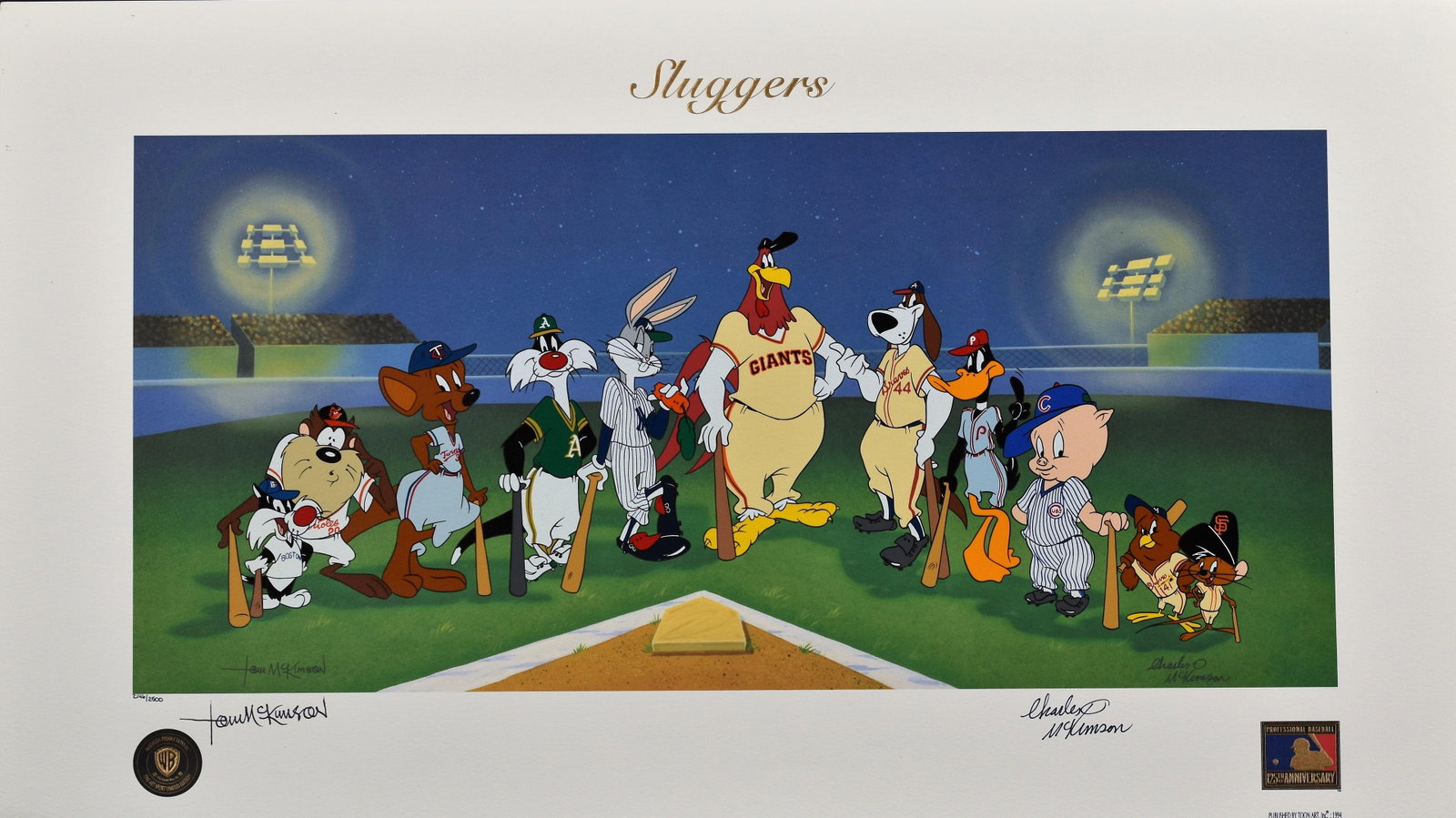 Sluggers - MLB and Looney Tunes Lithoserigraph: A Signed limited edition Warner Bros. lithoserigraph entitled " Sluggers ." This Looney Tunes edition is a tribute to 11 players who have hit more than 500 Home Runs during their major league careers.
