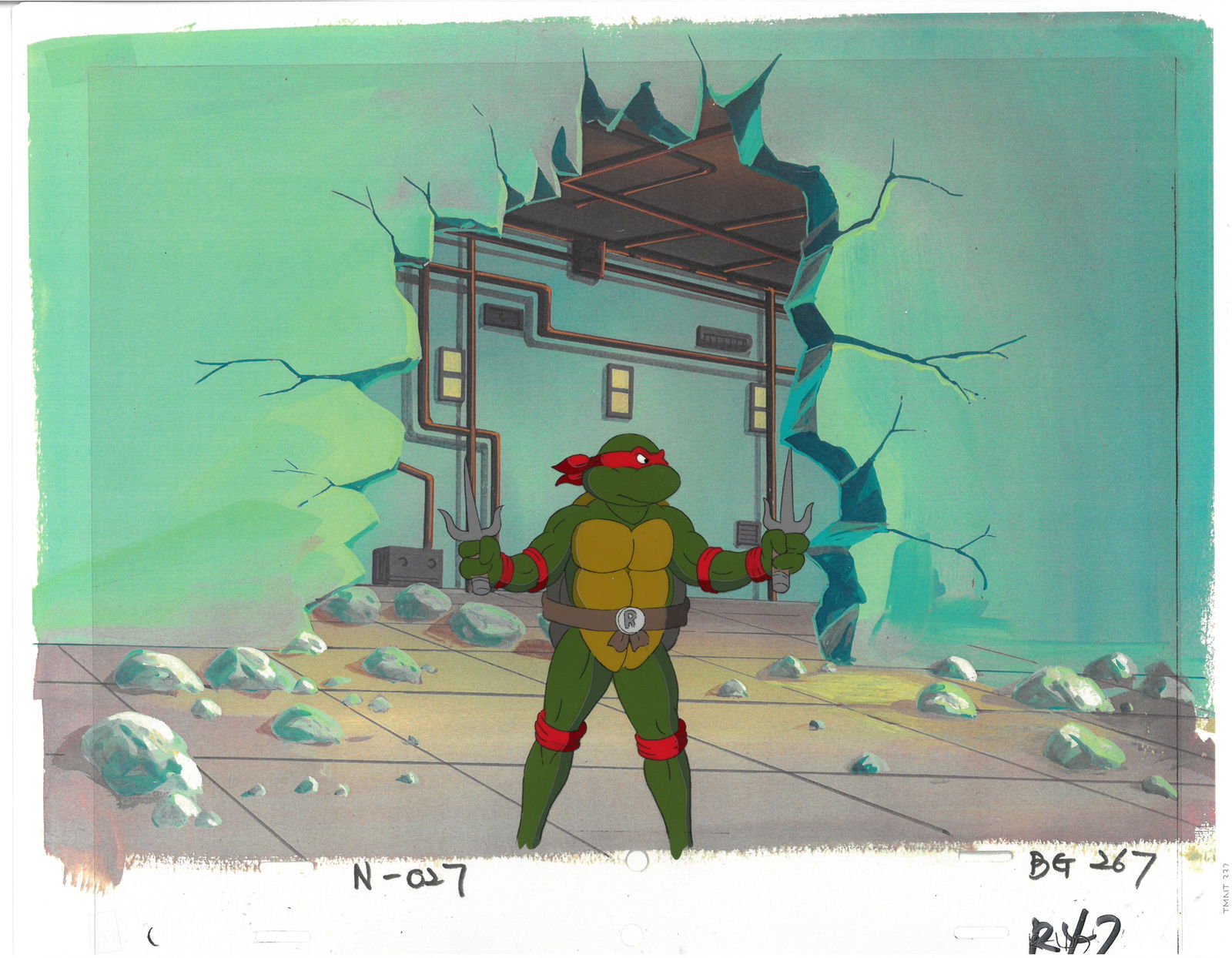 Raphael of (TMNT) Turtles- Original Production Cel: An original Teenage Mutant Ninja Turtle production cel. This cel depicts a frame from a scene in a Teenage Mutant Ninja Turtles cartoon episode. This frame features Raphael . Is produced by Murakami-W