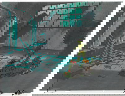Leonardo, Raphael, Michelangelo & Donatello of (TMNT) Turtles- Original Multi-Cel Production Set-Up: An original Teenage Mutant Ninja Turtle multi-cel production set-up with matching drawings. This cel depicts a frame from a scene in a Teenage Mutant Ninja Turtles cartoon episode. This frame features