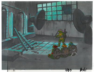 Leonardo, Raphael, Michelangelo & Donatello of (TMNT) Turtles- Original Multi-Cel Production Set-Up: An original Teenage Mutant Ninja Turtle multi-cel production set-up with matching drawings. This cel depicts a frame from a scene in a Teenage Mutant Ninja Turtles cartoon episode. This frame features