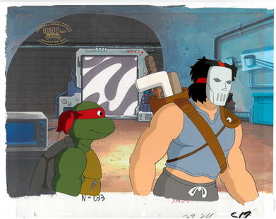 Raphael & Casey Jones of (TMNT) Turtles- Original Production Cel-MWS Seal: An original Teenage Mutant Ninja Turtle production cel with MWS seal. This cel depicts a frame from a scene in a Teenage Mutant Ninja Turtles cartoon episode. This frame features Raphael & Casey Jones