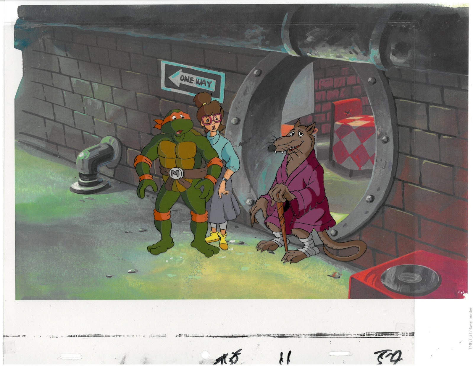 Irma,Splinter & Michelangelo of (TMNT) Turtles- Original Production Cel: An original Teenage Mutant Ninja Turtle production cel. This cel depicts a frame from a scene in a Teenage Mutant Ninja Turtles cartoon episode. This frame features Irma, Splinter &, Michelangelo. Is 