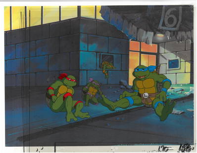 Leonardo, Raphael, Michelangelo & Donatello of (TMNT) Turtles- Original Multi-Cel Production Set-Up: An original Teenage Mutant Ninja Turtle multi-cel production set-up. This cel depicts a frame from a scene in a Teenage Mutant Ninja Turtles cartoon episode. This frame features Raphael, Michelangelo,