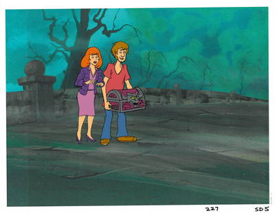 Scooby-Doo Production Cel and Matching Drawing - Daphne & Shaggy: An original production cel with matching drawing from " The Thirteen Ghosts of Scooby-Doo " (Hanna-Babera Studio circa early 1980's) registered to a lithograph background. Featured is an original prod