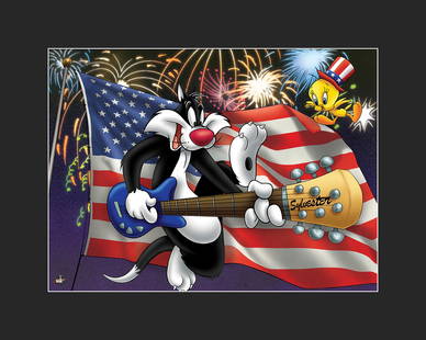 Warner Bros. Sylvester & Tweety L.E. Fine Art Giclee: A Warner Bros. Fine Art limited edition giclee entitled " Patriotic Sylvester and Tweety ." This image features Sylvester and Tweety Bird and is limited to 500 pieces. Is presented matted and comes wi