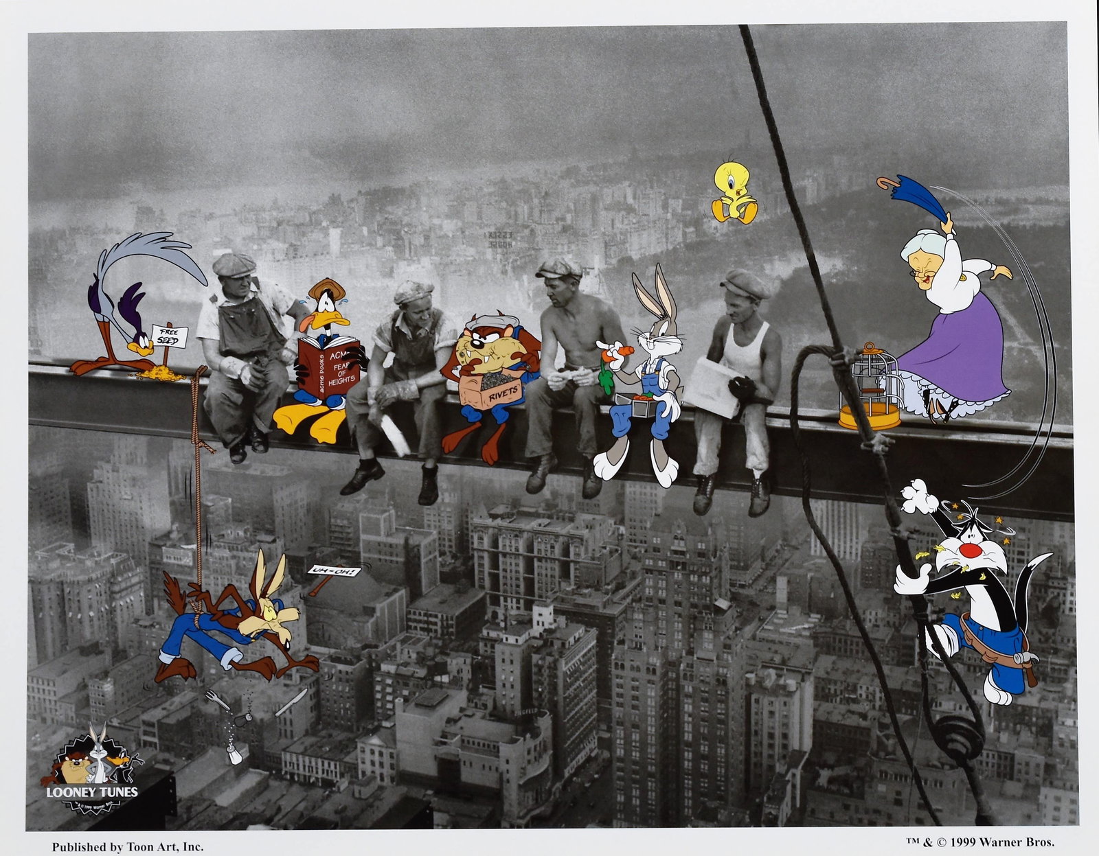 Lunchbreak - Warner Bros. -NY Rockefeller Litho: A Warner Bros . lithograph entitled " Lunchbreak " featuring the Looney Tunes taking a break with the crew after a hard morning constructing the New York City's Rockefeller Center. This original photo
