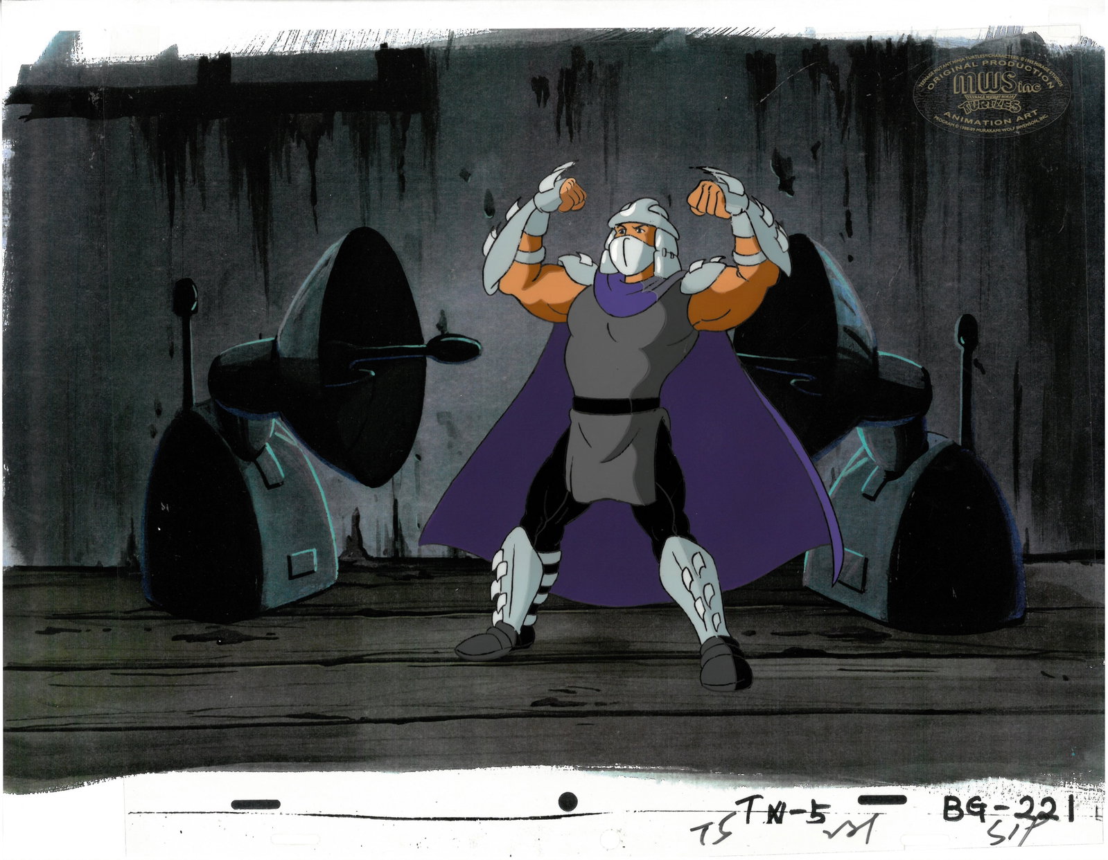 Shredder of (TMNT) Turtles- Original Production Cel with MWS Seal: An original Teenage Mutant Ninja Turtle Production Cel with MWS Seal. This cel depicts a frame from a scene in a Teenage Mutant Ninja Turtles cartoon episode. This frame features Shredder . Is produce