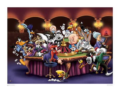 Bugs Bunny - It's A Gamble - Multi-Media Fine Art: Bugs Bunny and Friends are presented in this fine art multi-media lithograph entitled "It's A Gamble ." 18 Looney Tunes characters are featured, including Sylvester, Yosemite Sam, Daffy Duck,