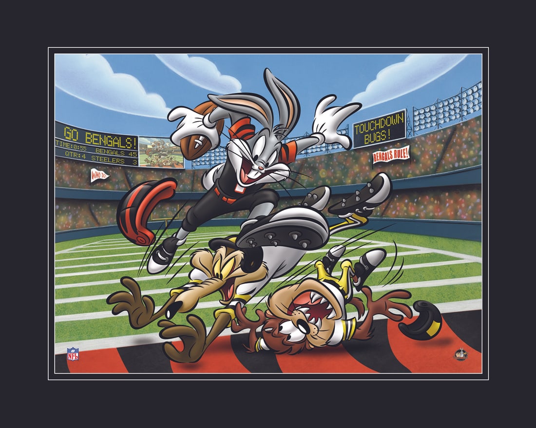 Cincinnati Bengals and Bugs Bunny -Warner Bros. Litho: A Warner Bros. lithograph entitiled " Touch Down Bugs " featuring Bugs Bunny as a Cincinnati Bengals player busting through the defense - Wile E Coyote, and Taz. Licensed. Comes Matted with a certific