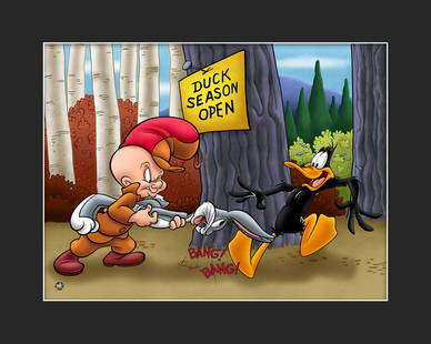 Warner Bros. Duck Season Fine Art L.E. Giclee: A Warner Bros. Fine Art limited edition giclee entitled " Duck Season ." This image features Bugs Bunny, Daffy Duck and Elmer Fudd and is limited to 500 pieces. Is presented matted and comes with cert