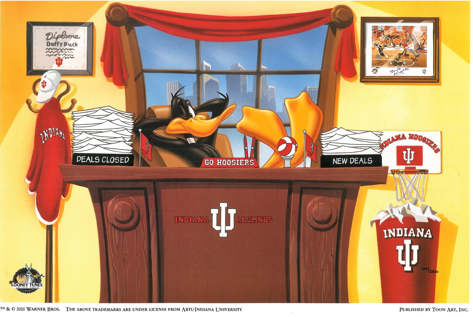 Indiana University -Warner Bros. Lithograph "IU Business Warrior": A limited edition lithograph entitled "IU Business Warrior." This print depicts the famous Daffy Duck seated in an office chair with his feet planted on the desk and surrounded by Indiana University m