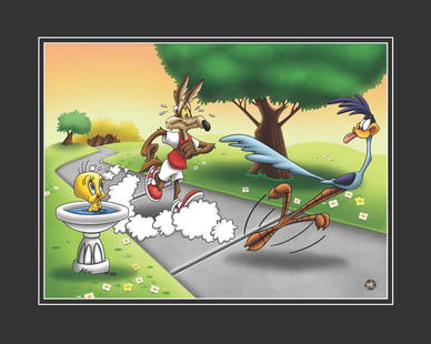 Warner Bros. - Wile E Coyote and Road Runner-Fine Art L.E. Giclee: A Warner Bros. Fine Art limited edition giclee entitled " The Race ." This image features Road Runner and Wile E. Coyote. Is limited to 500 pieces. Is presented matted and comes with certificate of au