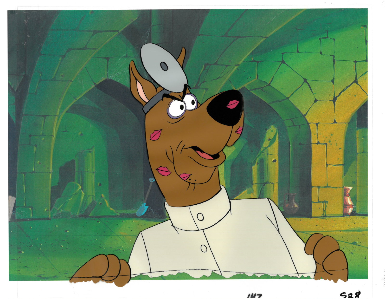 Scooby-Doo-Original Production Cel: An original production cel from " The Thirteen Ghosts of Scooby-Doo " registered to a lithograph background. Featured on acetate is the character Scooby-Doo from the Hanna-Barbera cartoon Scooby-Doo. 