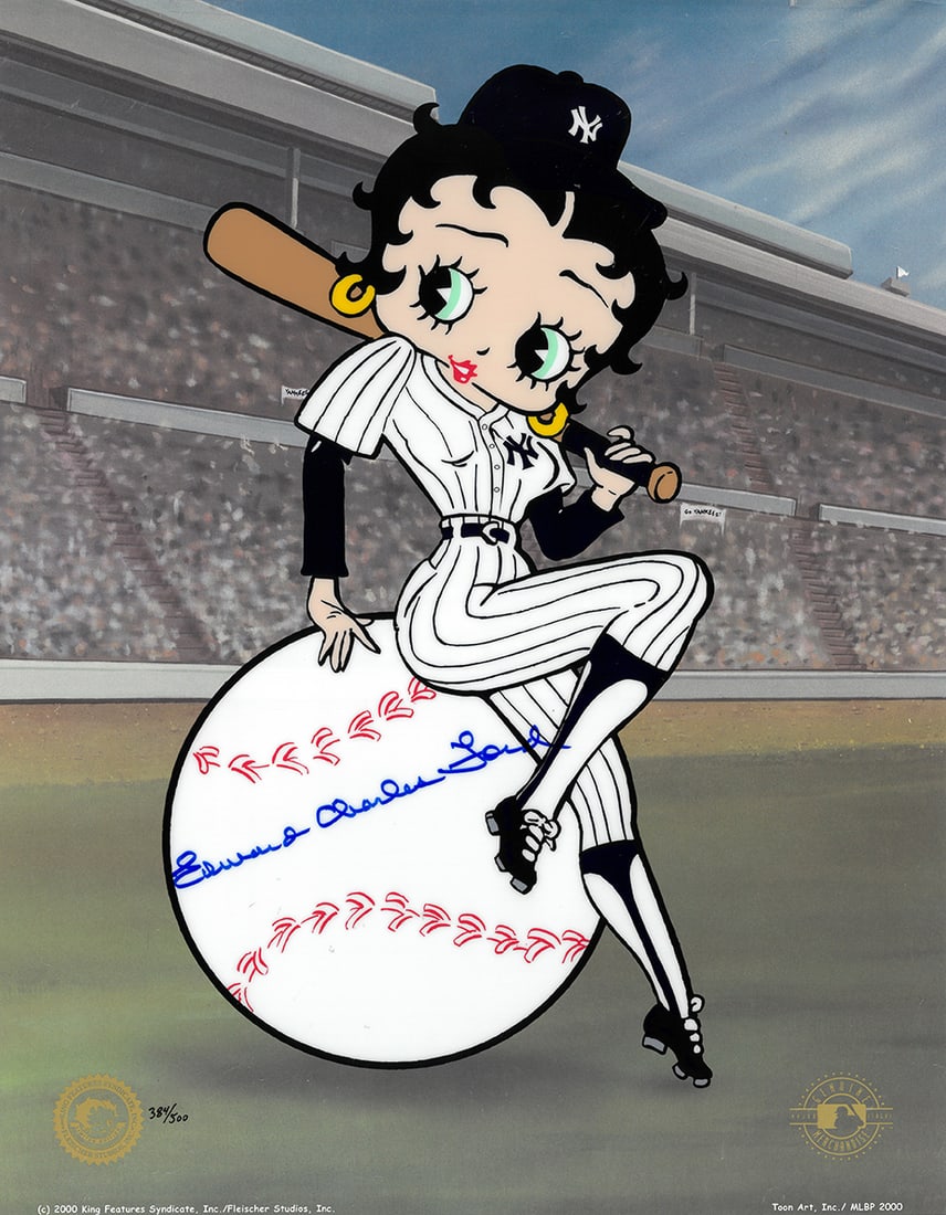 New York Yankees/Betty Boop Signed Sericel-Whitey Ford: A signed limited edition New York Yankees -themed sericel entitiled Betty on Deck . This image features Betty Boop in a fitted Yankees uniform, leaning against an oversized baseball. The piece is pres