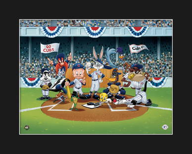 Looney Tunes Cubs Line-Up- Fine Art Giclee: A Warner Bros. Fine Art Giclee entitled " Line-Up At the Plate ." This image features the Looney Tunes dressed as Chicago Cubs players lined up on the field. Is licensed by both Warner Bros, and MLB.