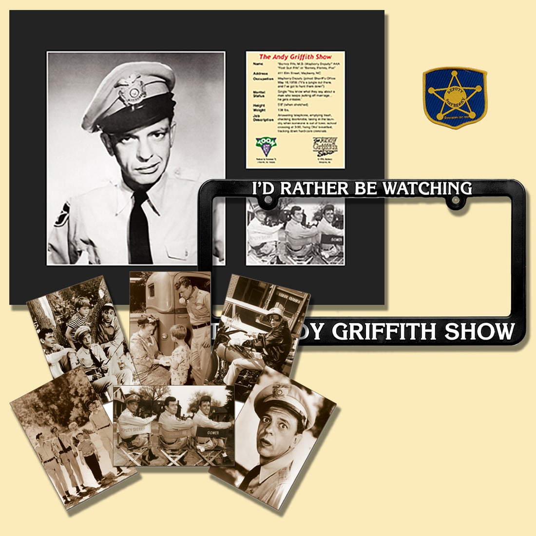 Barney Fife - 4 Piece Collectibles: This Barney Fife Bundle - includes a matted limited edition lithograph of Barney Fife, a License Plate Holder (I'd Rather Be Watching the Andy Griffith Show), a 6 piece postcard set featuring memorabl