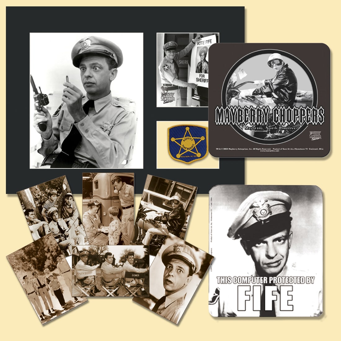 Barney Fife - 4 Piece Collectibles: This Barney Fife Bundle - includes a matted limited edition lithograph of Barney Fife with Deputy Patch, a Security By Fife Mouse Pad, Mayberry Choppers Mousepad and a 6 piece Postcard Set featuring m