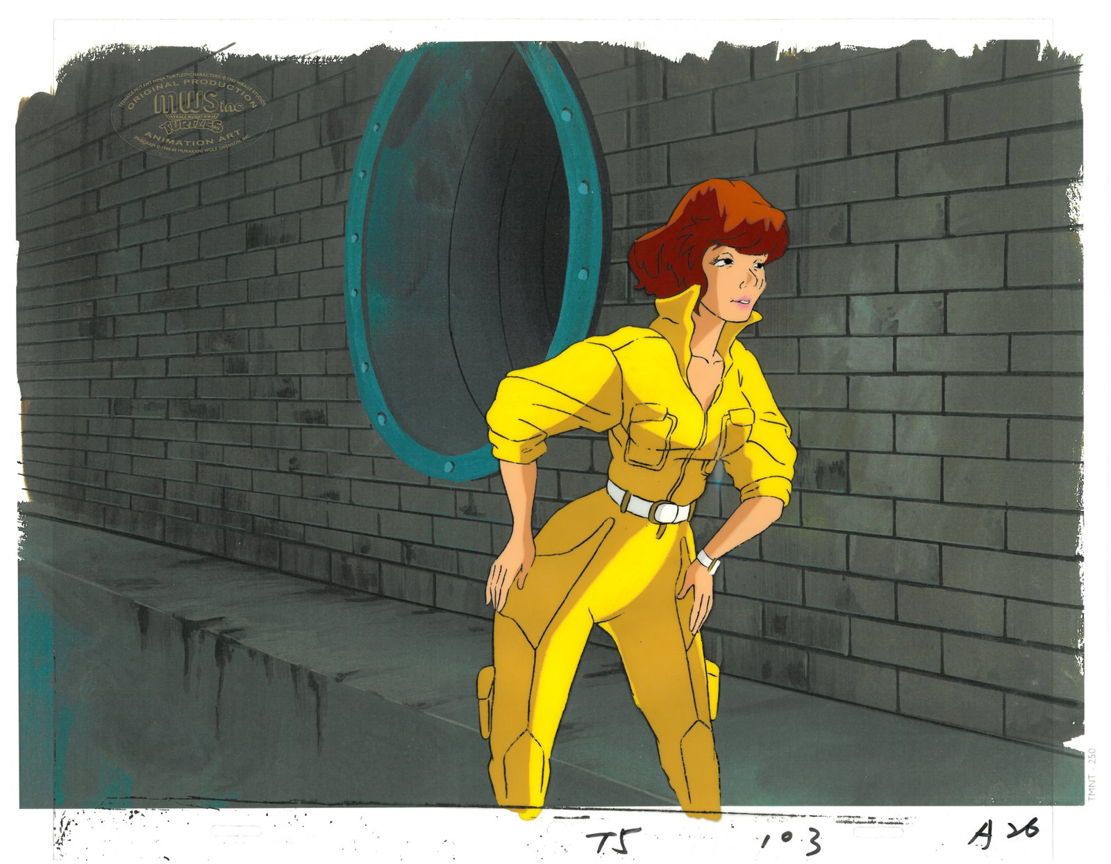 April (TMNT) Turtles- Original Production Cel-MWS Seal: An original Teenage Mutant Ninja Turtle Production Cel with the MWS Seal. This cel depicts a frame from a scene in a Teenage Mutant Ninja Turtles cartoon episode. This frame features April . Is produc