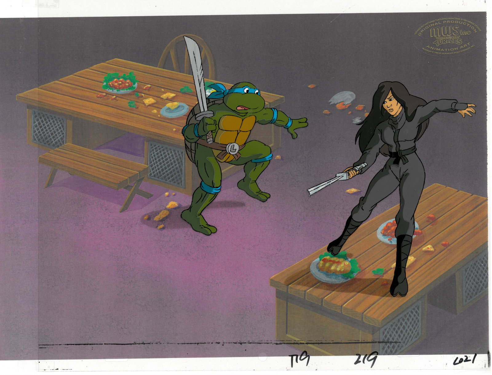 Leonardo of (TMNT) Turtles- Original Production Cel/Matching Drawing and MWS Seal: An original Teenage Mutant Ninja Turtle Production Cel with Matching Drawing and MWS Seal. This cel depicts a frame from a scene in a Teenage Mutant Ninja Turtles cartoon episode. This frame features 